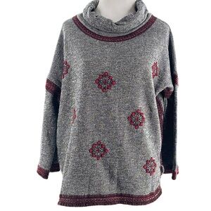 Lucky Lotus womens embroidered cowl neck sweater size M gray red boho western